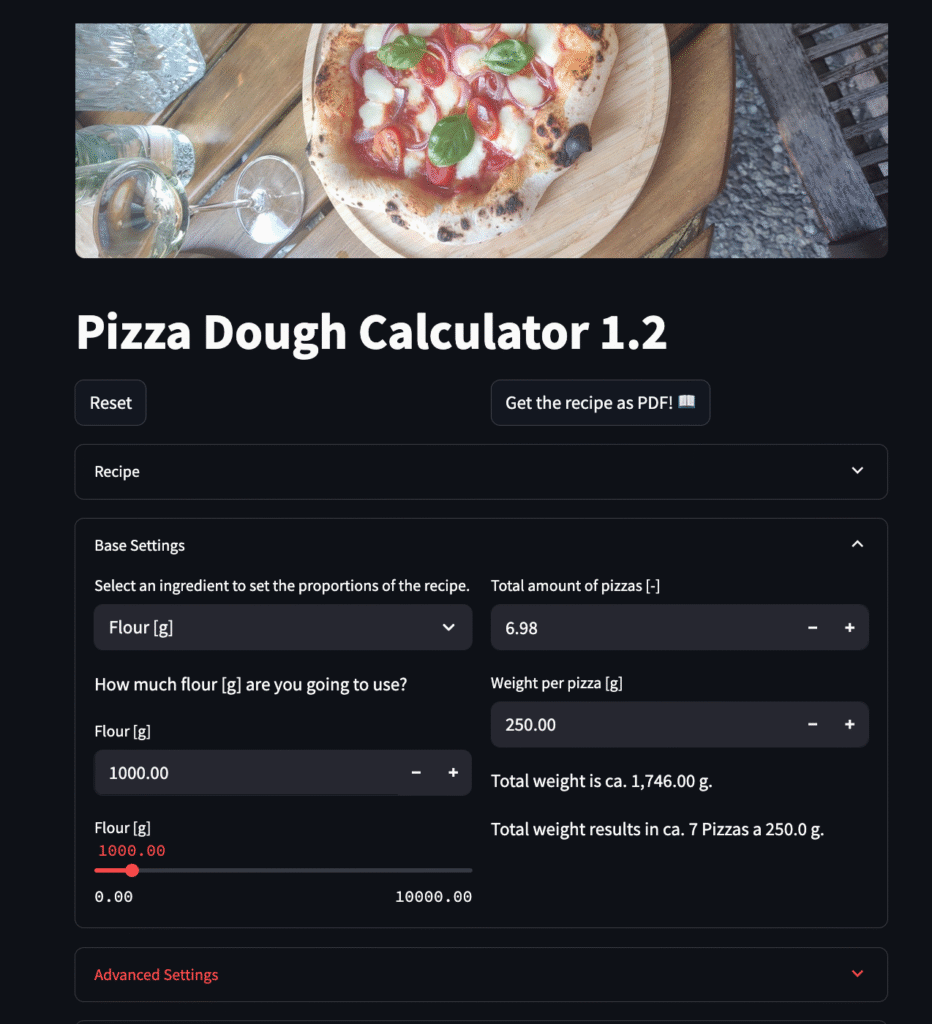 Screenshot from streamlit app: Pizza Dough Calculator